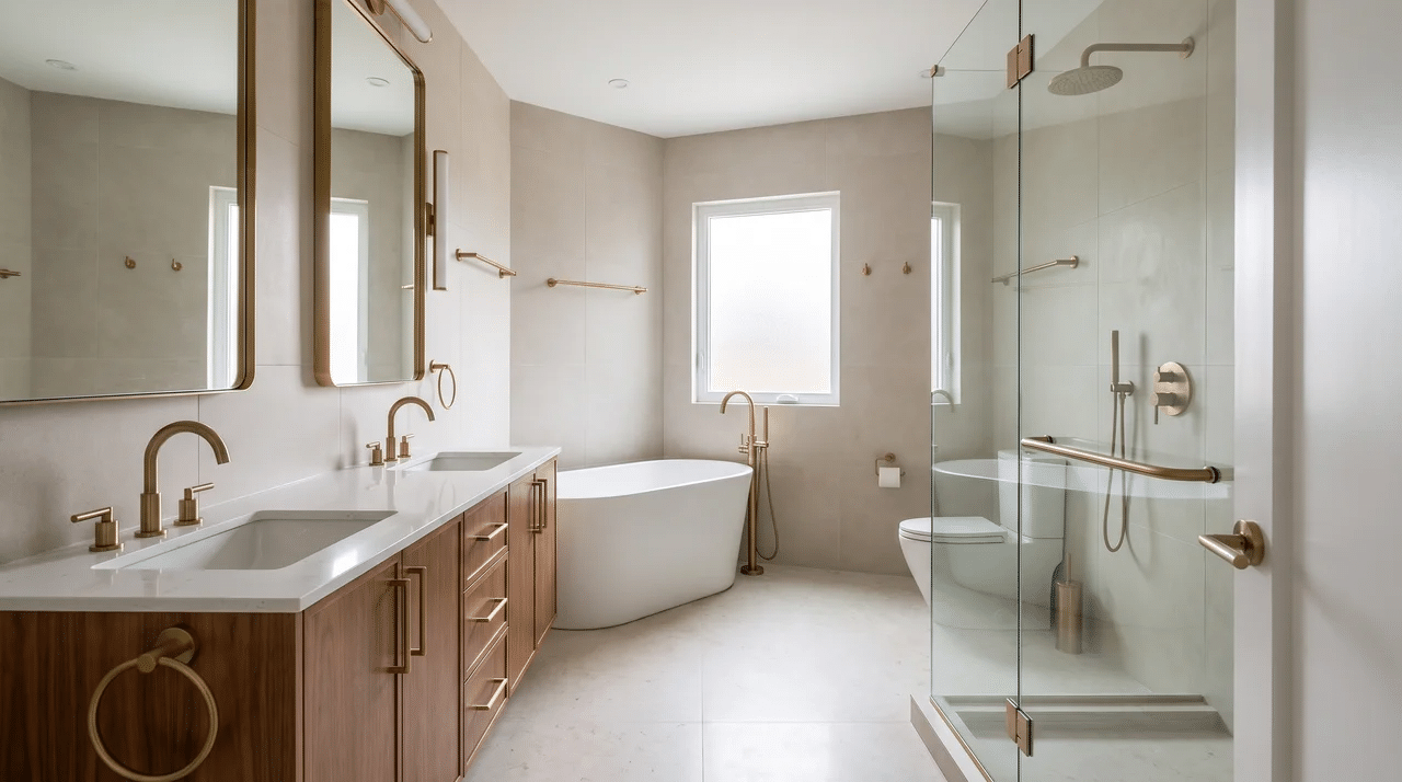 Full bathroom with matching matte or brushed brass faucet, handles, shower controls, and accessories.