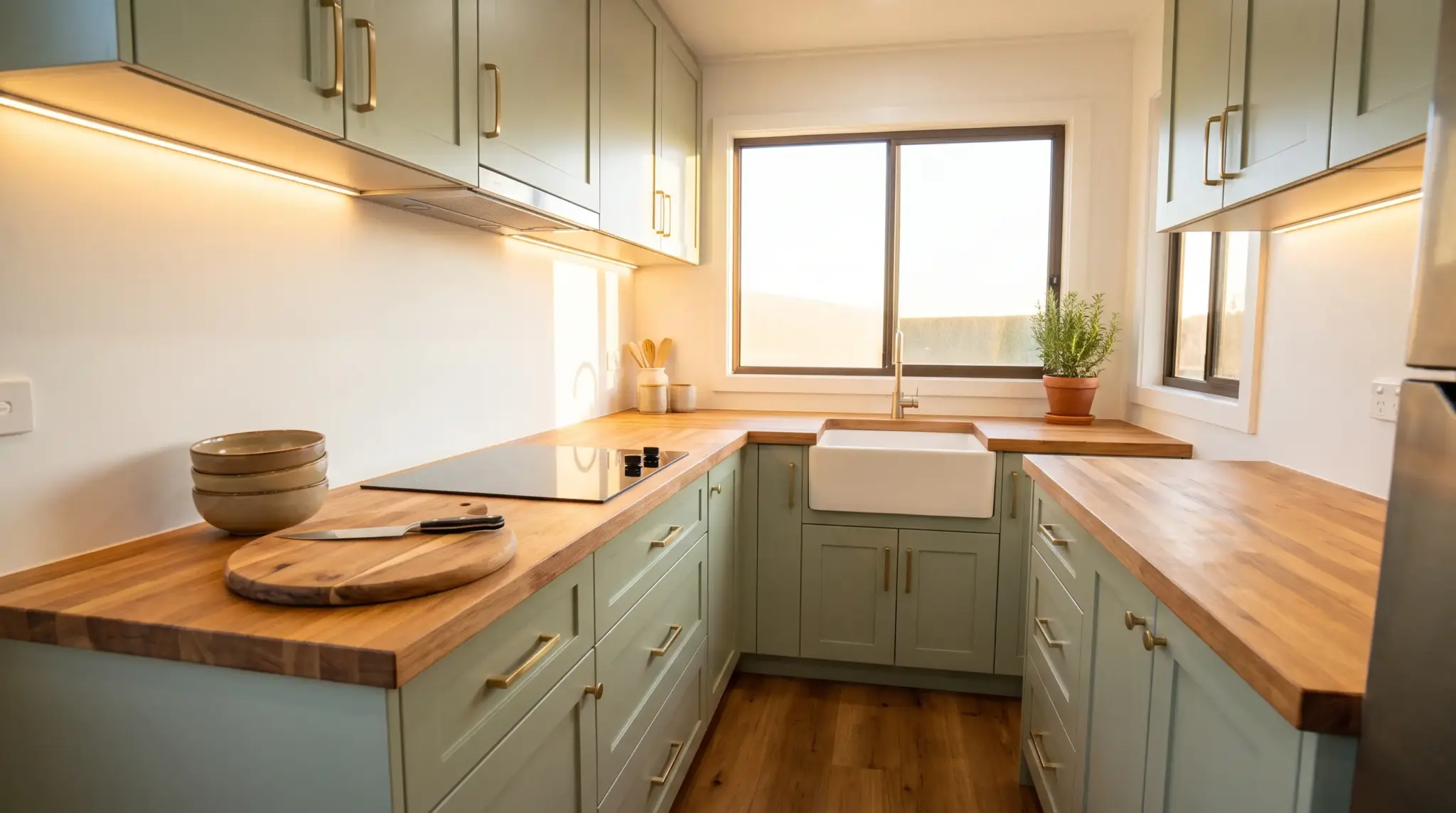Modern kitchen with sage green cabinets, wooden countertops, and potted herb on windowsill