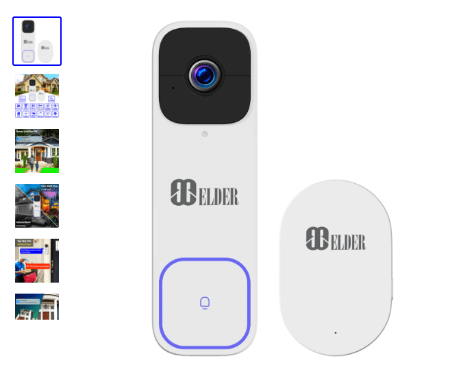 Smart video doorbell and receiver set with branding on white background