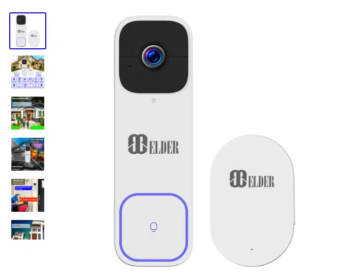 Smart video doorbell and receiver set with branding on white background