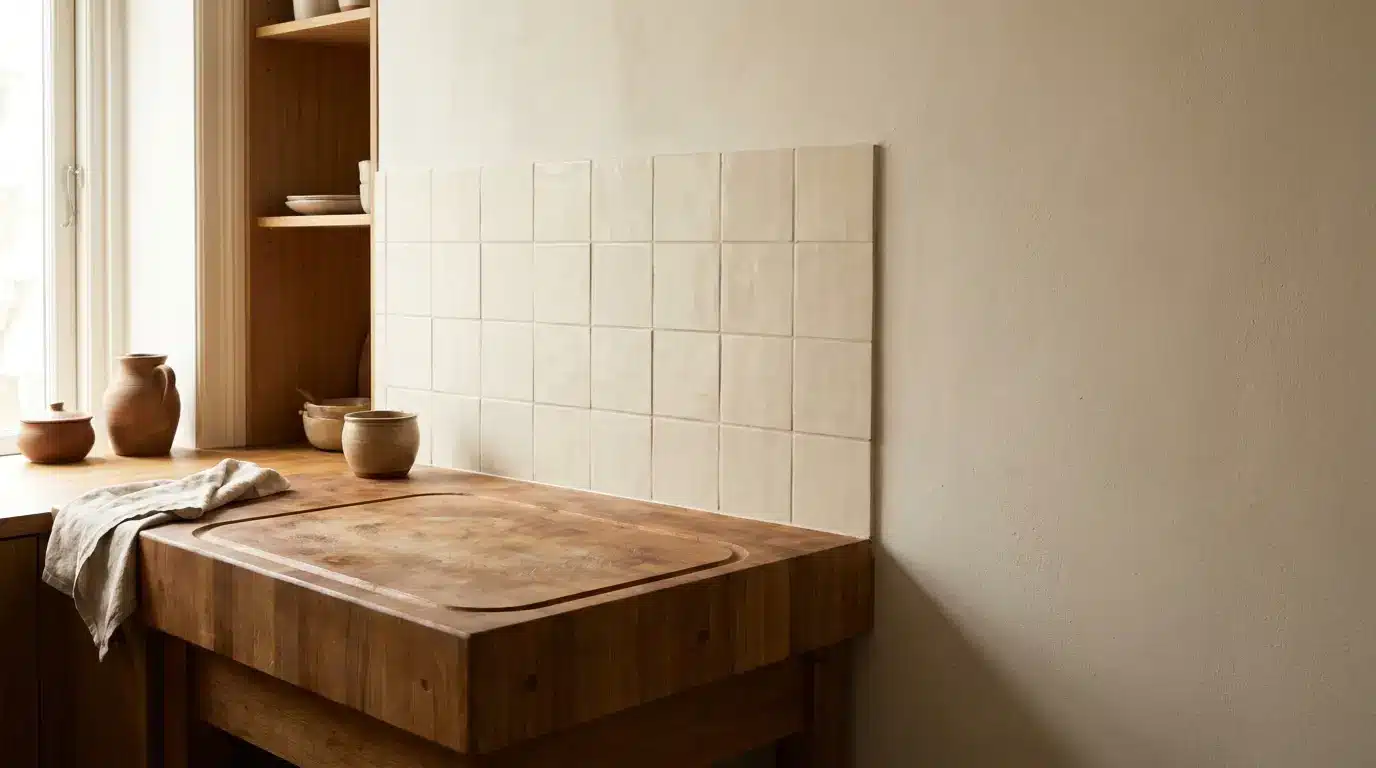 Natural wooden countertop with ceramic tiles and pottery in minimalist kitchen setting