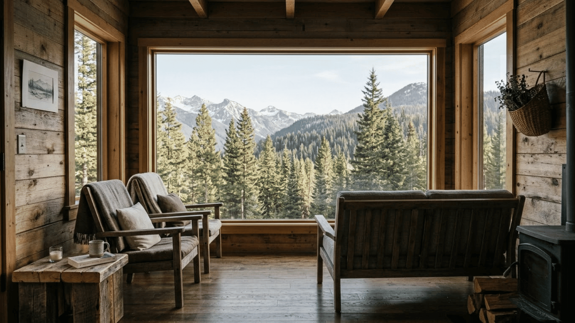 cabin interior with large window showing forest views and simple furniture facing nature