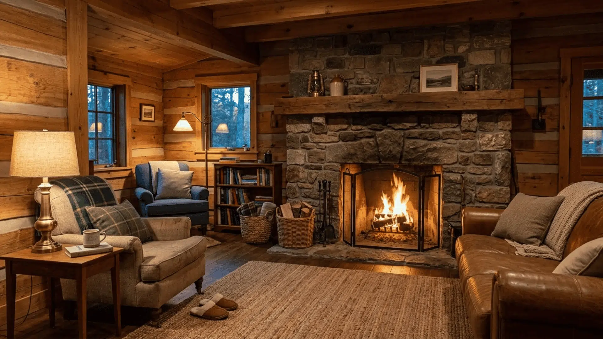 small cabin living room with stone fireplace comfortable seating and warm natural lighting