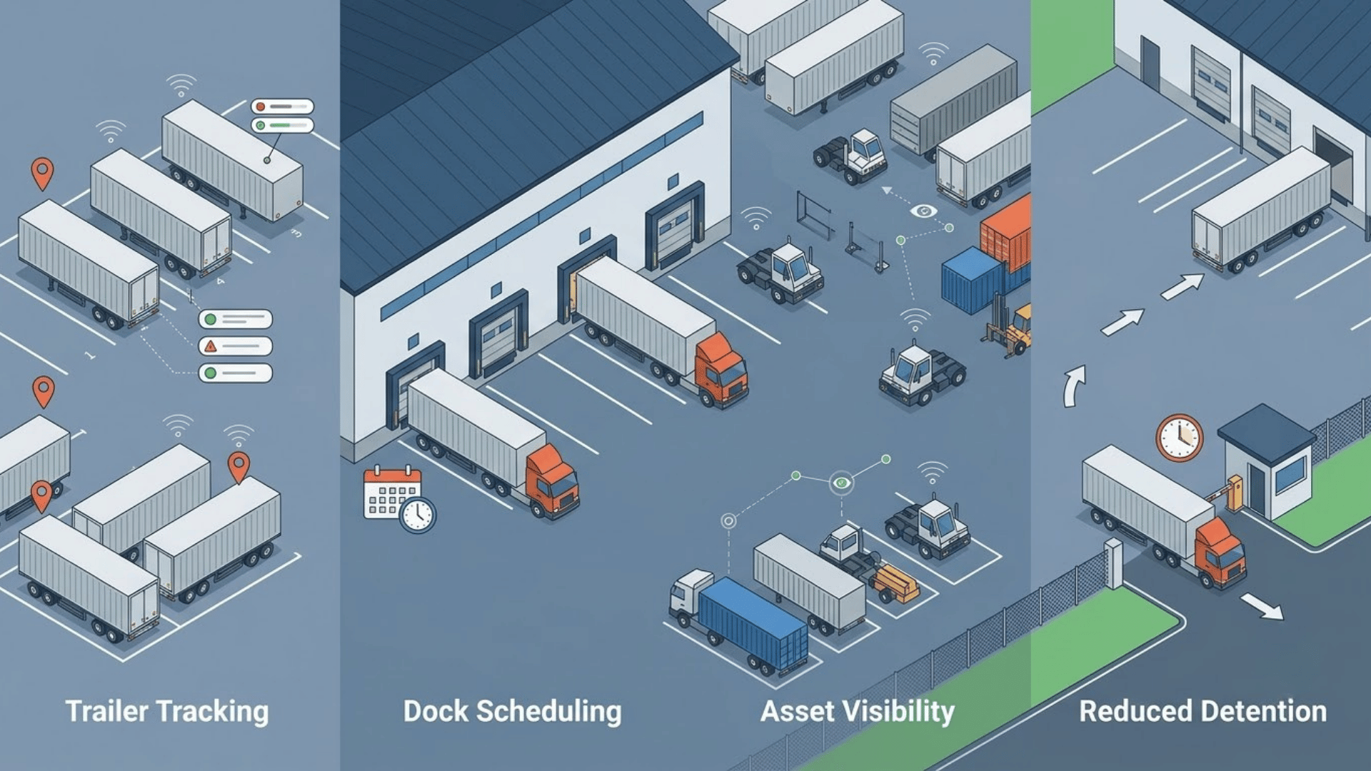 isometric yard management system showing trailer tracking dock scheduling asset visibility and detention control