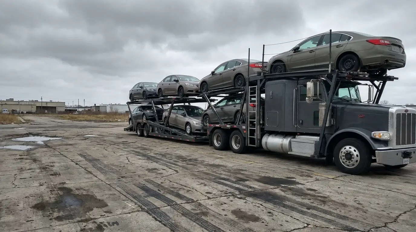 Car carrier truck loaded with vehicles in an industrial parking lot under cloudy skies