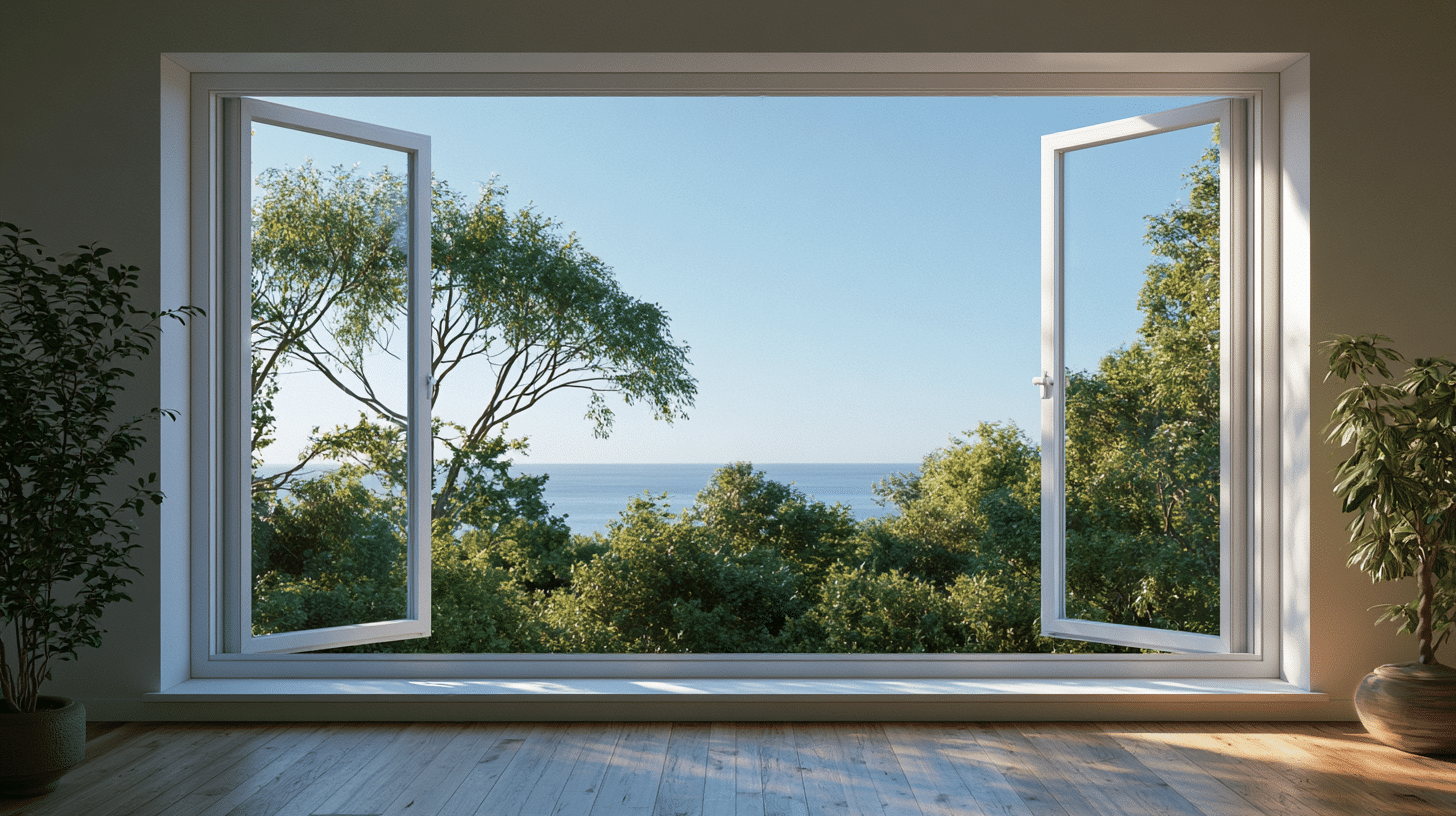 Open window with view of trees and ocean in sunlit room