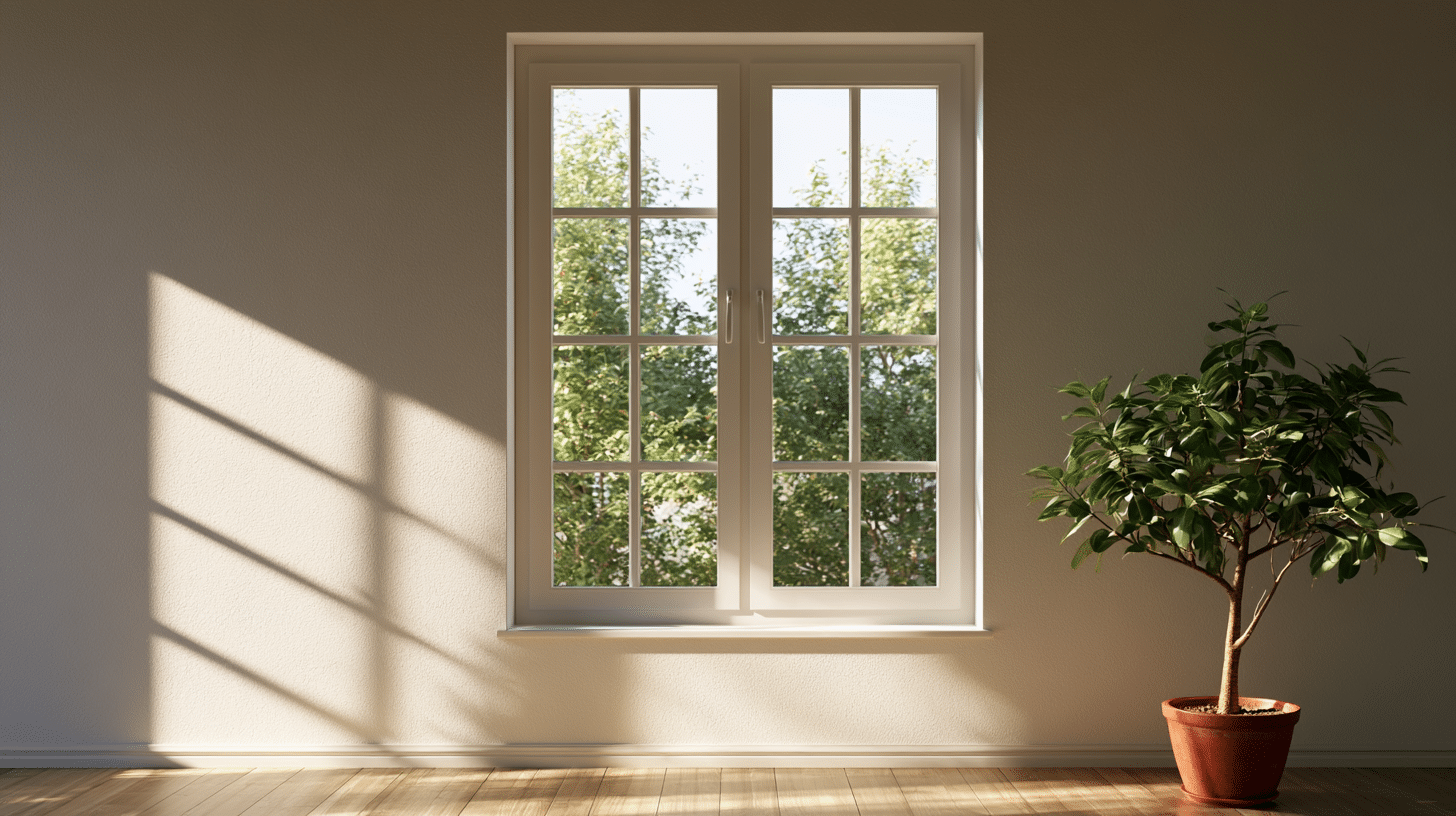 Sunlit room with large window, potted plant, and wooden floor