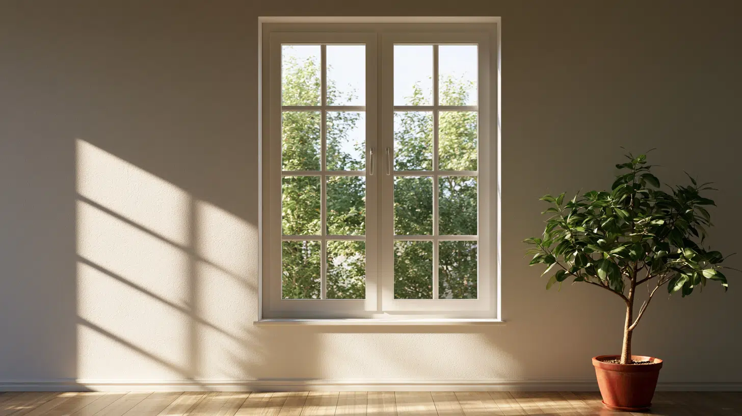 Sunlit room with large window, potted plant, and wooden floor