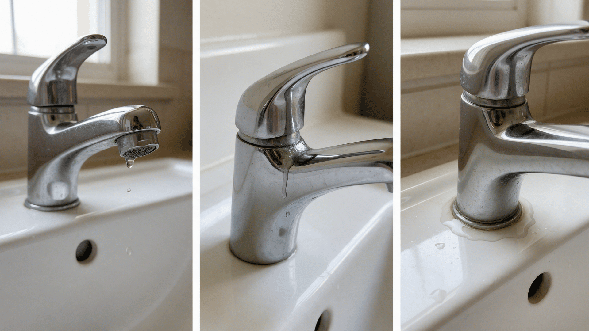 collage showing water dripping from the spout, leaking near the handle, and pooling at the faucet base