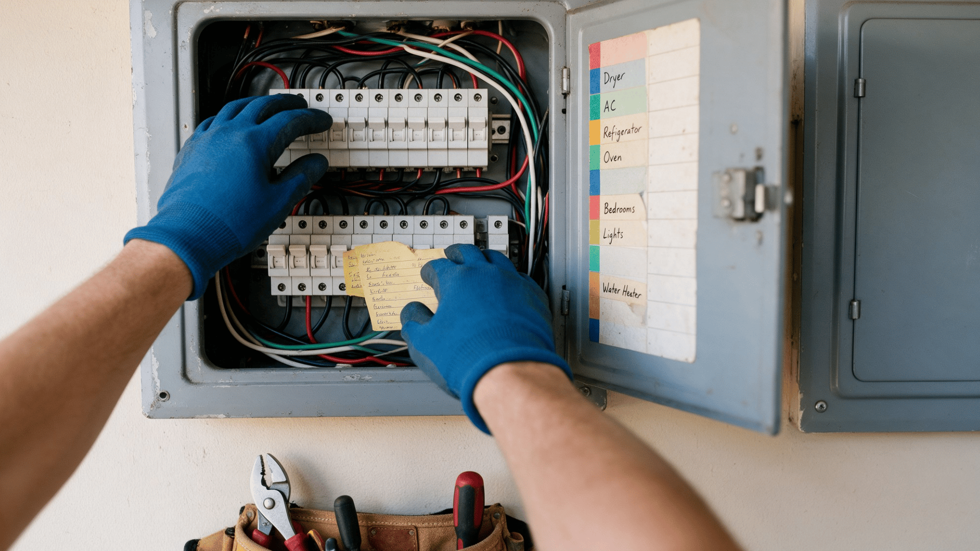 hands checking labeled circuit breakers inside an electrical panel