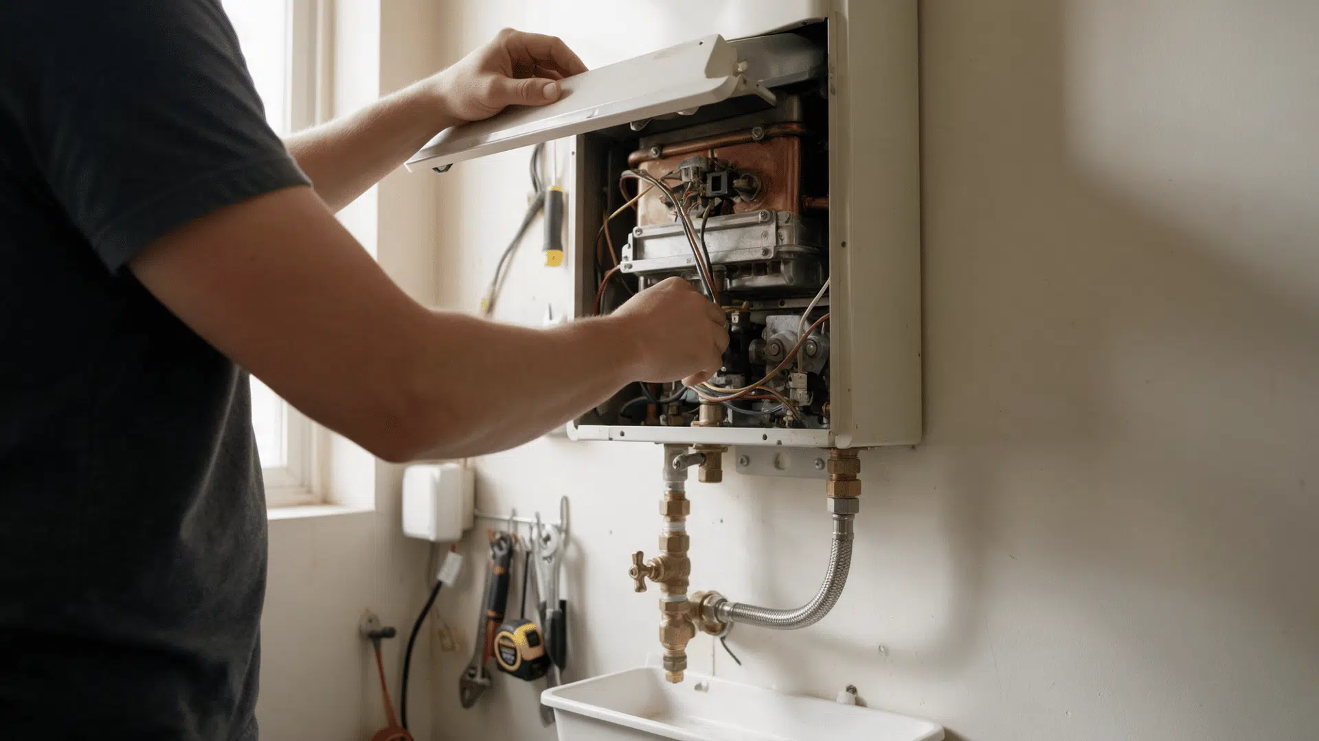 person opening a tankless water heater to inspect internal parts air intake and venting components
