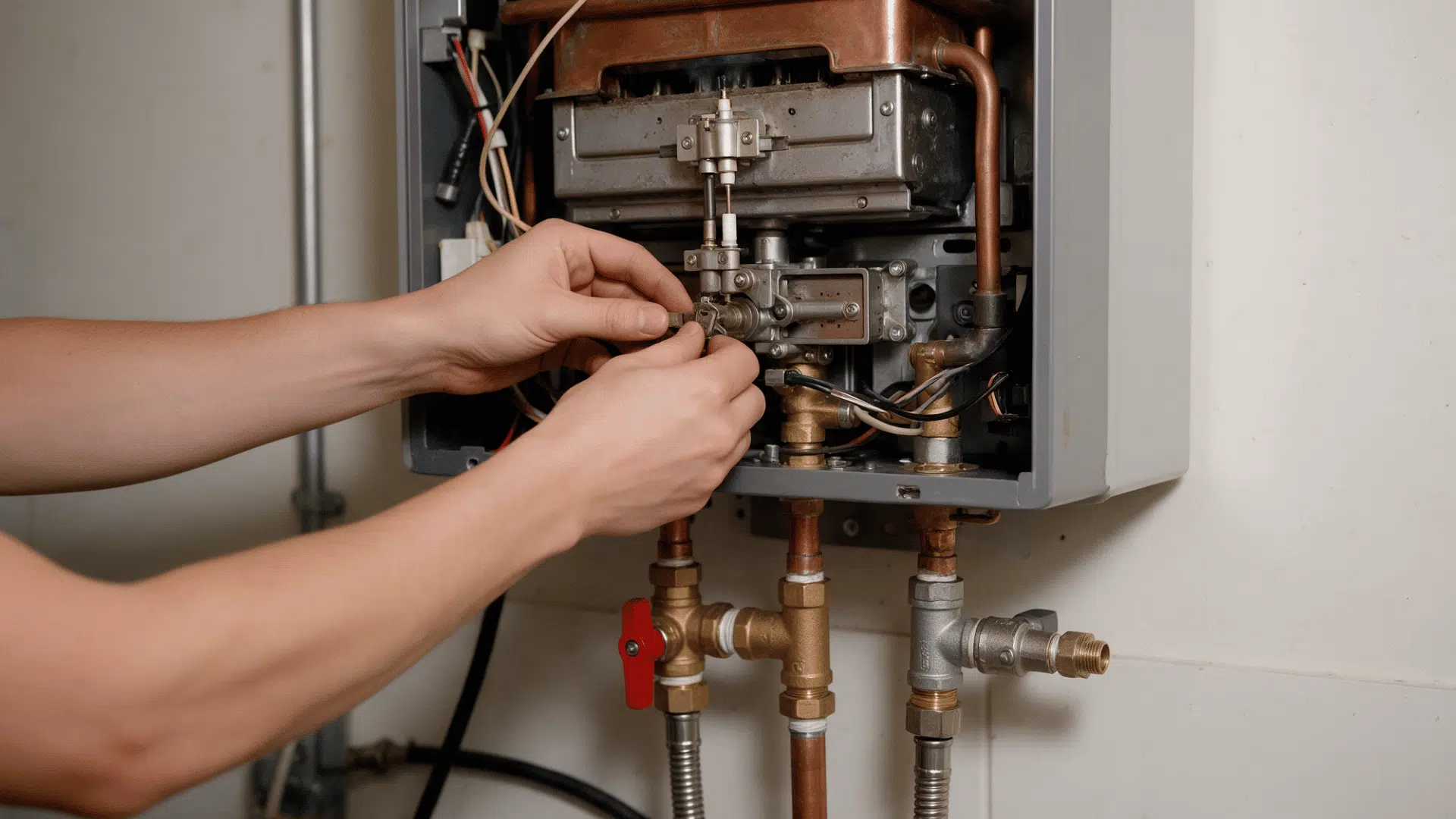 hands checking internal tankless water heater connections and control components during maintenance