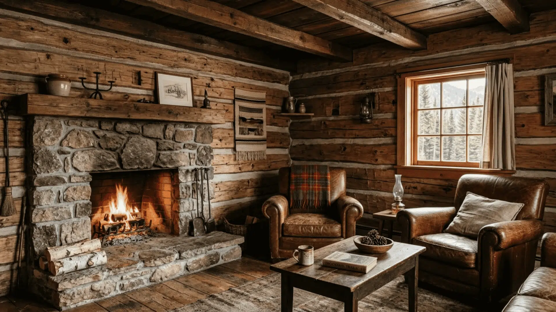classic rustic cabin living room with exposed wood walls, stone fireplace, and warm leather seating