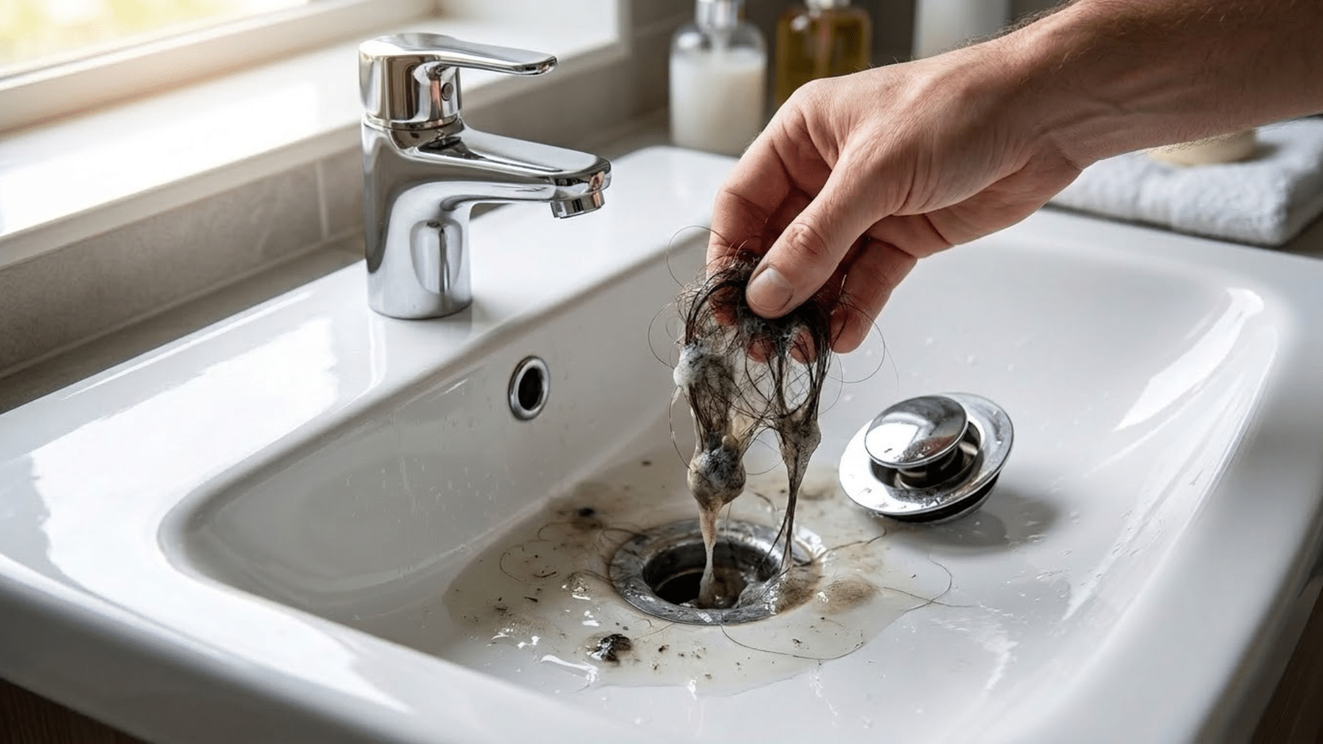 hand removing tangled hair and soap buildup from a bathroom sink drain after lifting the stopper