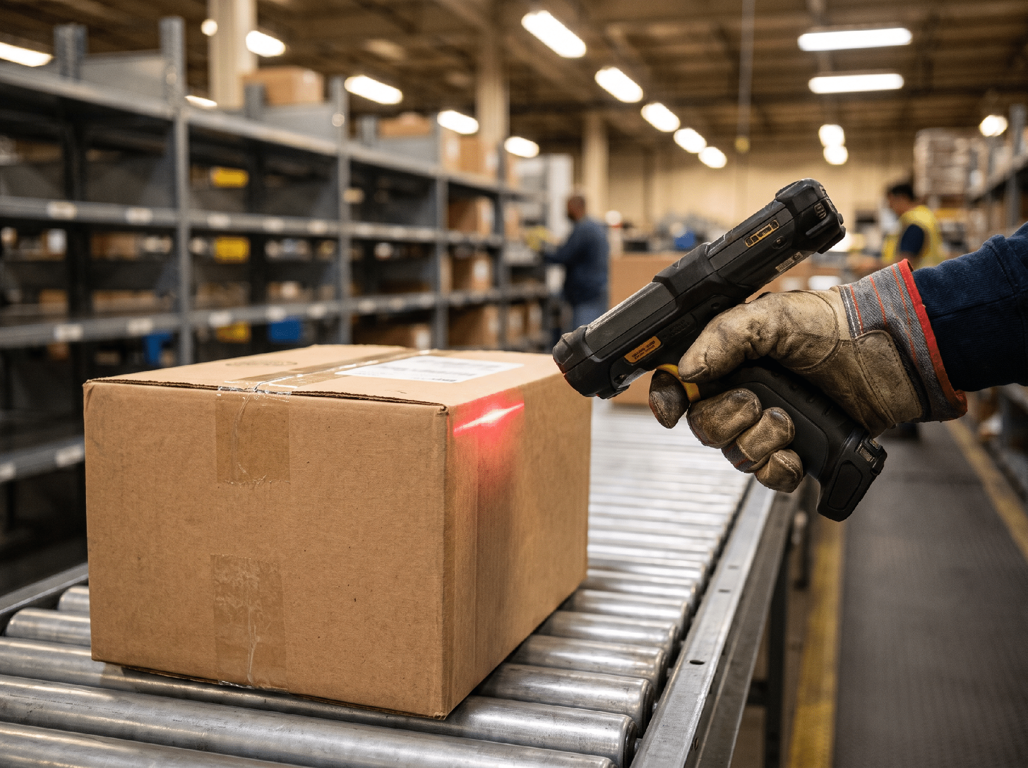 Close-up of a packed shipping box being scanned with a handheld barcode scanner
