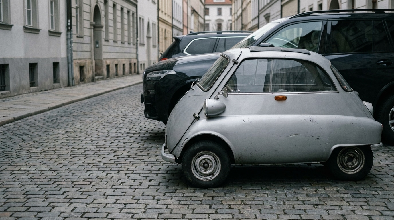 Small vintage car parked on cobblestone street beside modern vehicles in urban setting