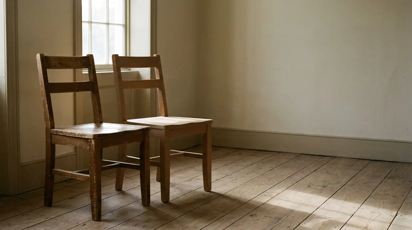 Two wooden chairs in a sunlit room with hardwood flooring