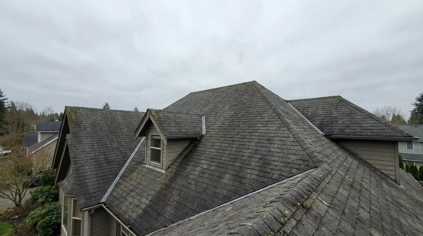 Asphalt shingle roof of a suburban house under overcast sky