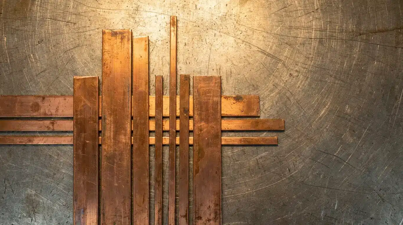 Rustic copper strips arranged in geometric pattern on textured metal surface with warm lighting