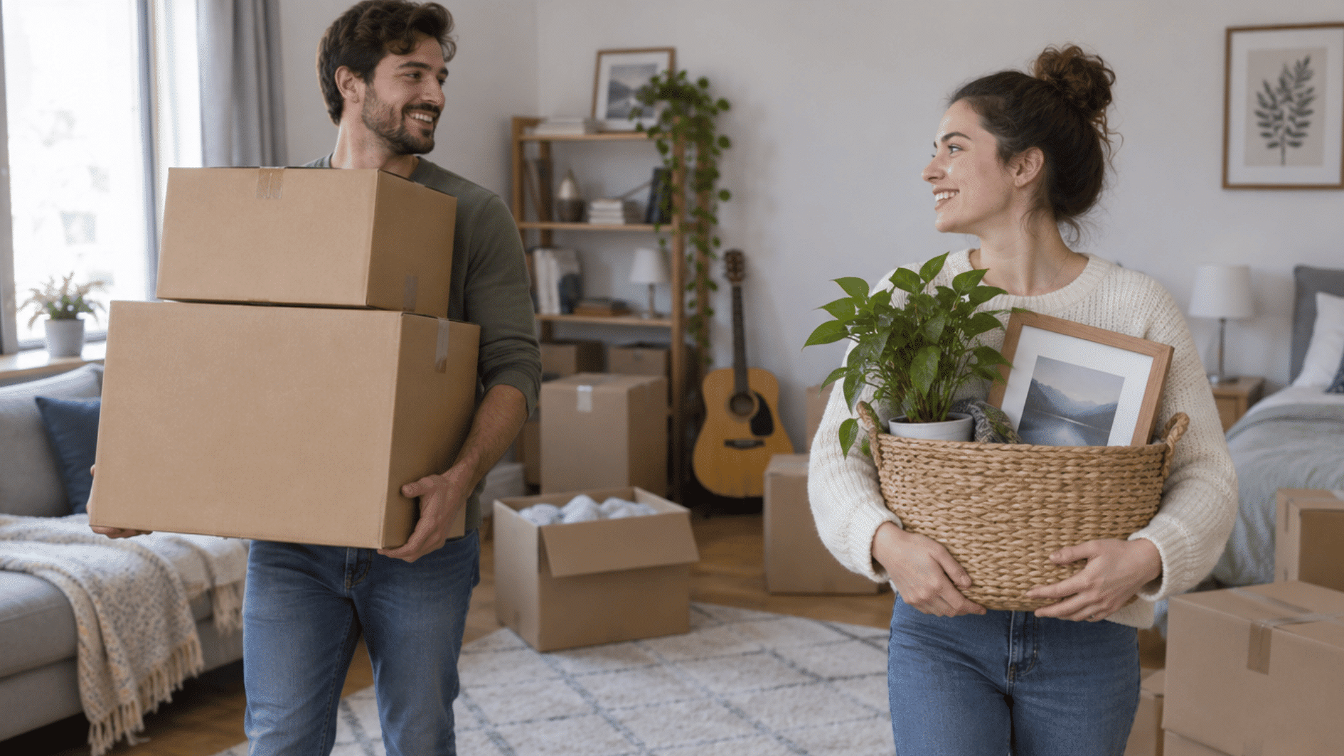 couple carrying moving boxes and home decor while packing up a bright bedroom for an interstate move