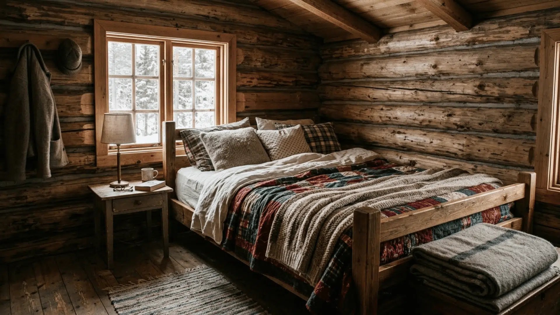 cozy cabin bedroom with layered quilts, linen bedding and textured rugs on wooden floors