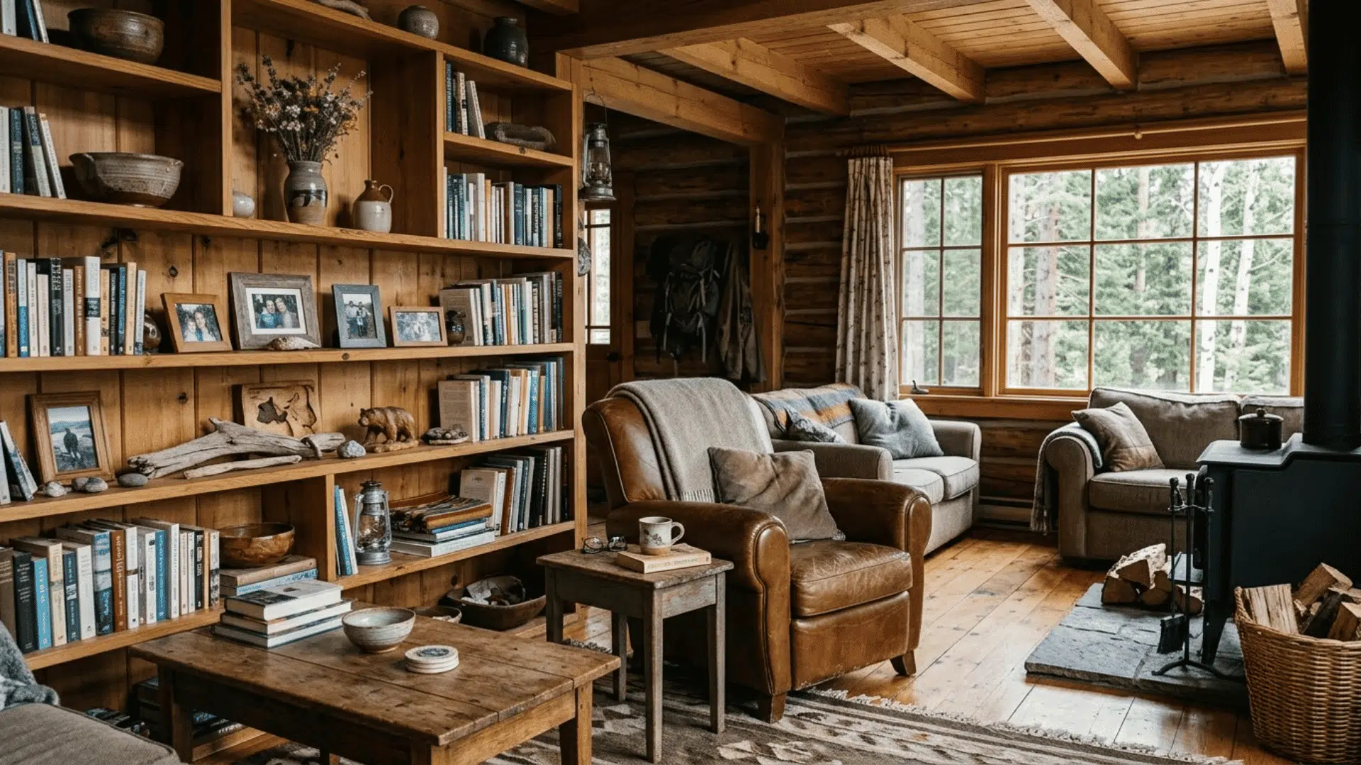 cozy cabin living room with books, handmade items, and personal touches creating a lived-in feel