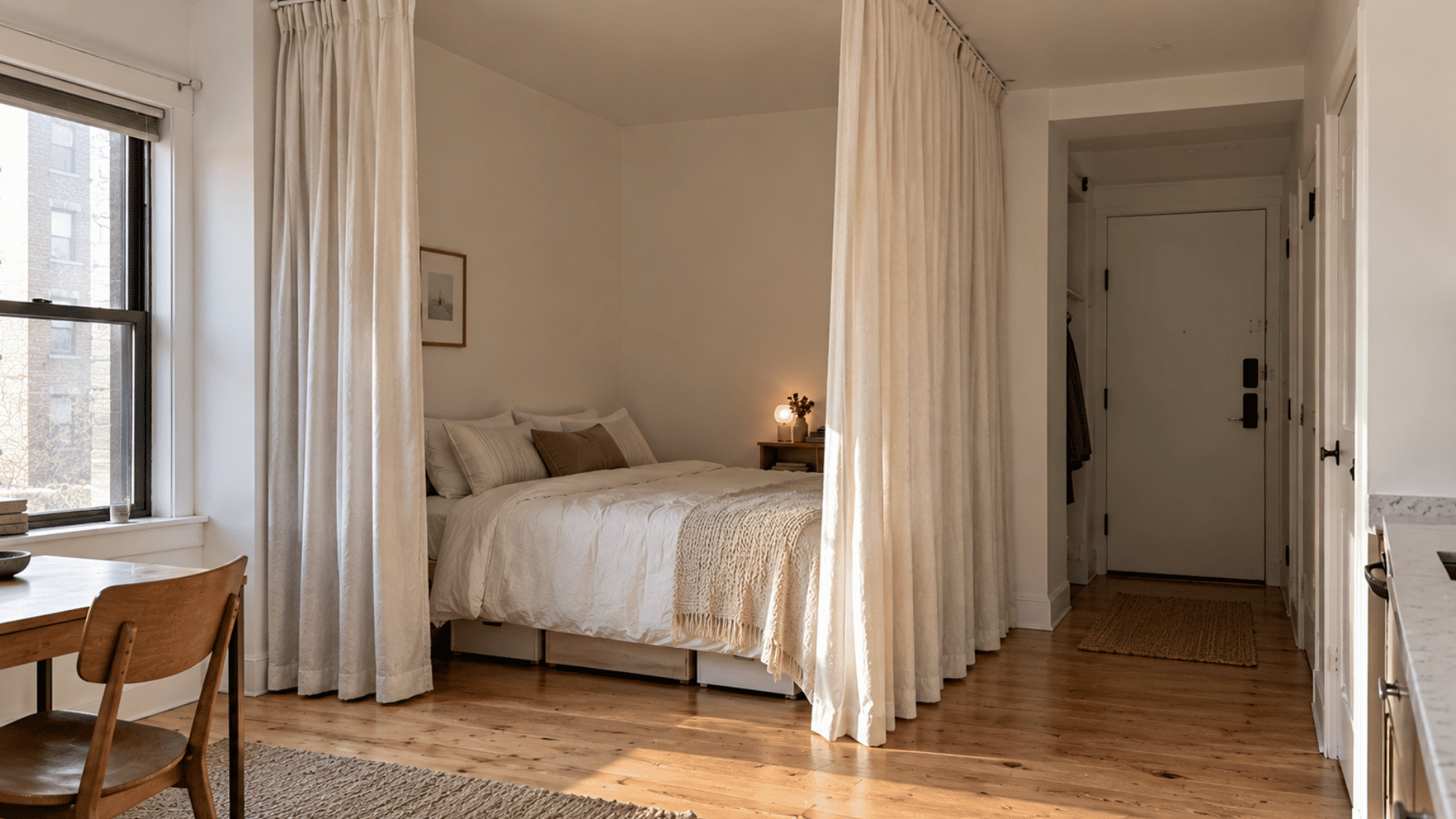 cream curtains softly separate a bed in a compact studio apartment sleeping corner