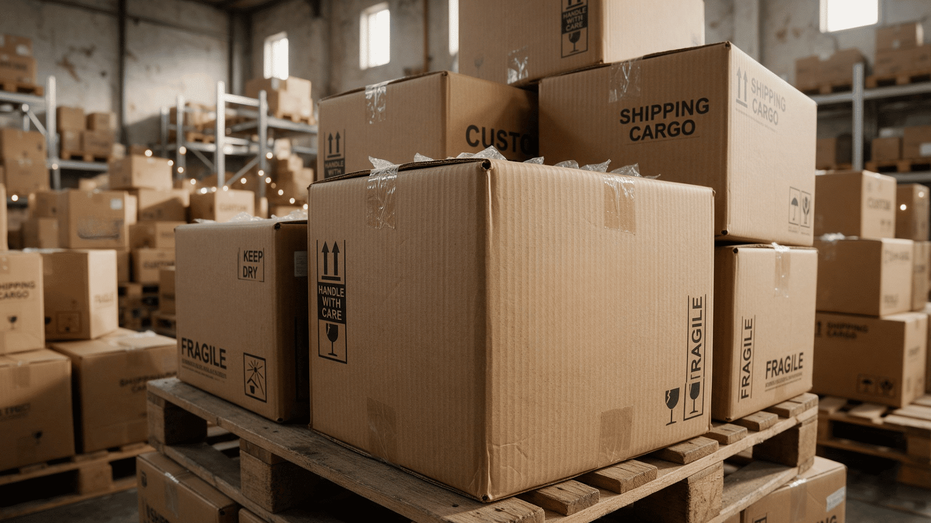 stacked cargo boxes marked custom duty and shipping cargo inside a busy international freight warehouse