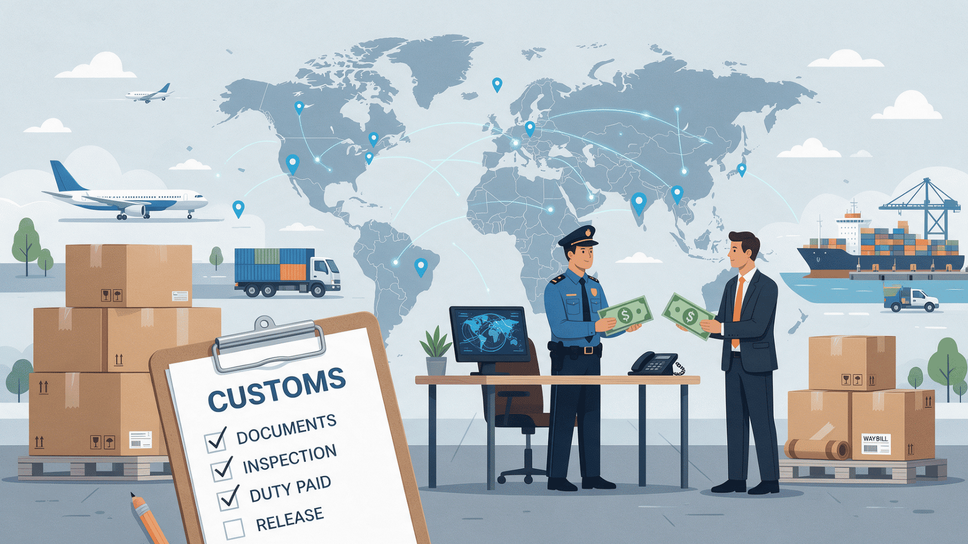 customs officer and importer reviewing payment with cargo boxes planes trucks and global shipping routes