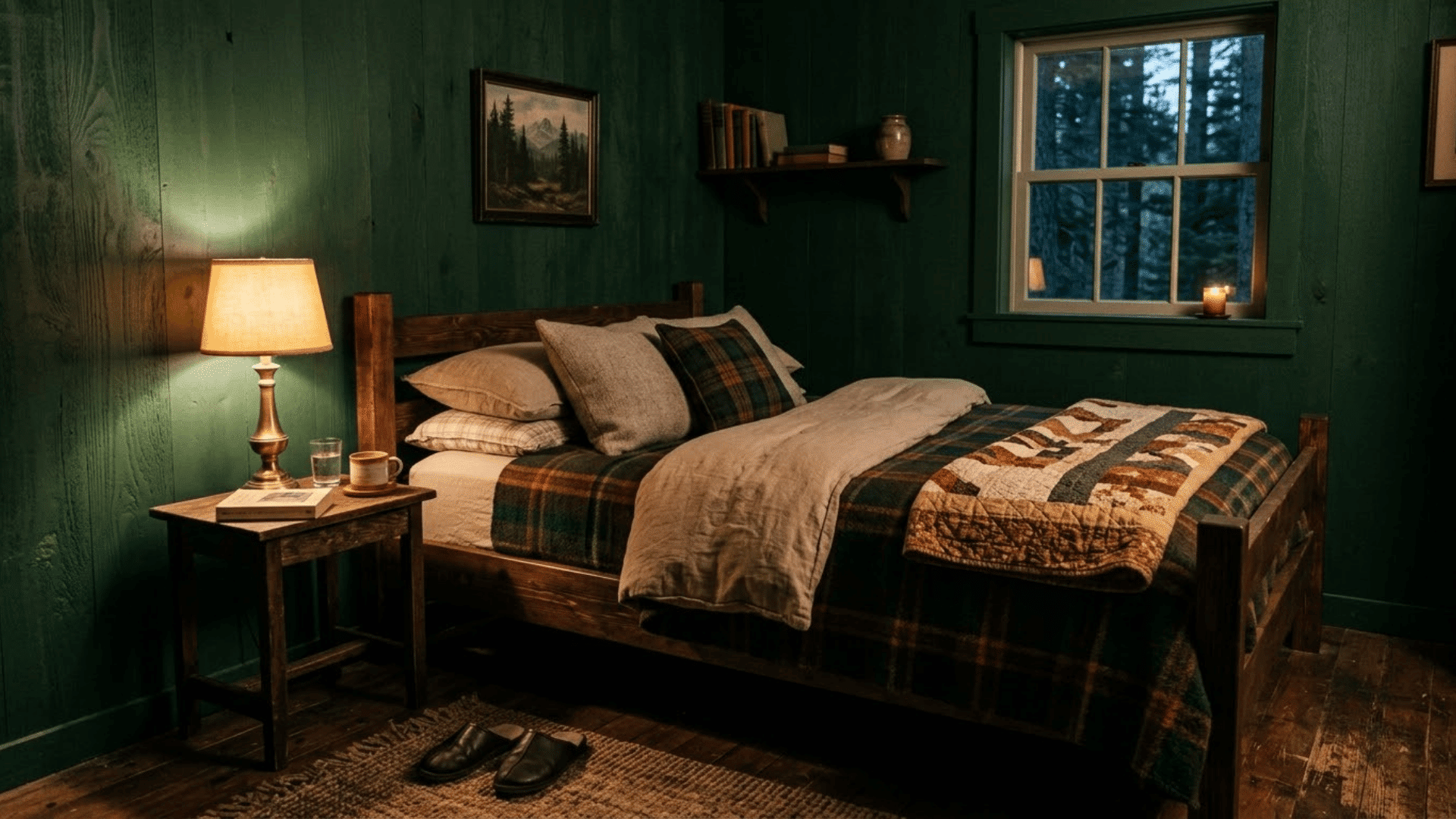 dark moody cabin bedroom with green walls dark wood furniture and warm vintage lighting