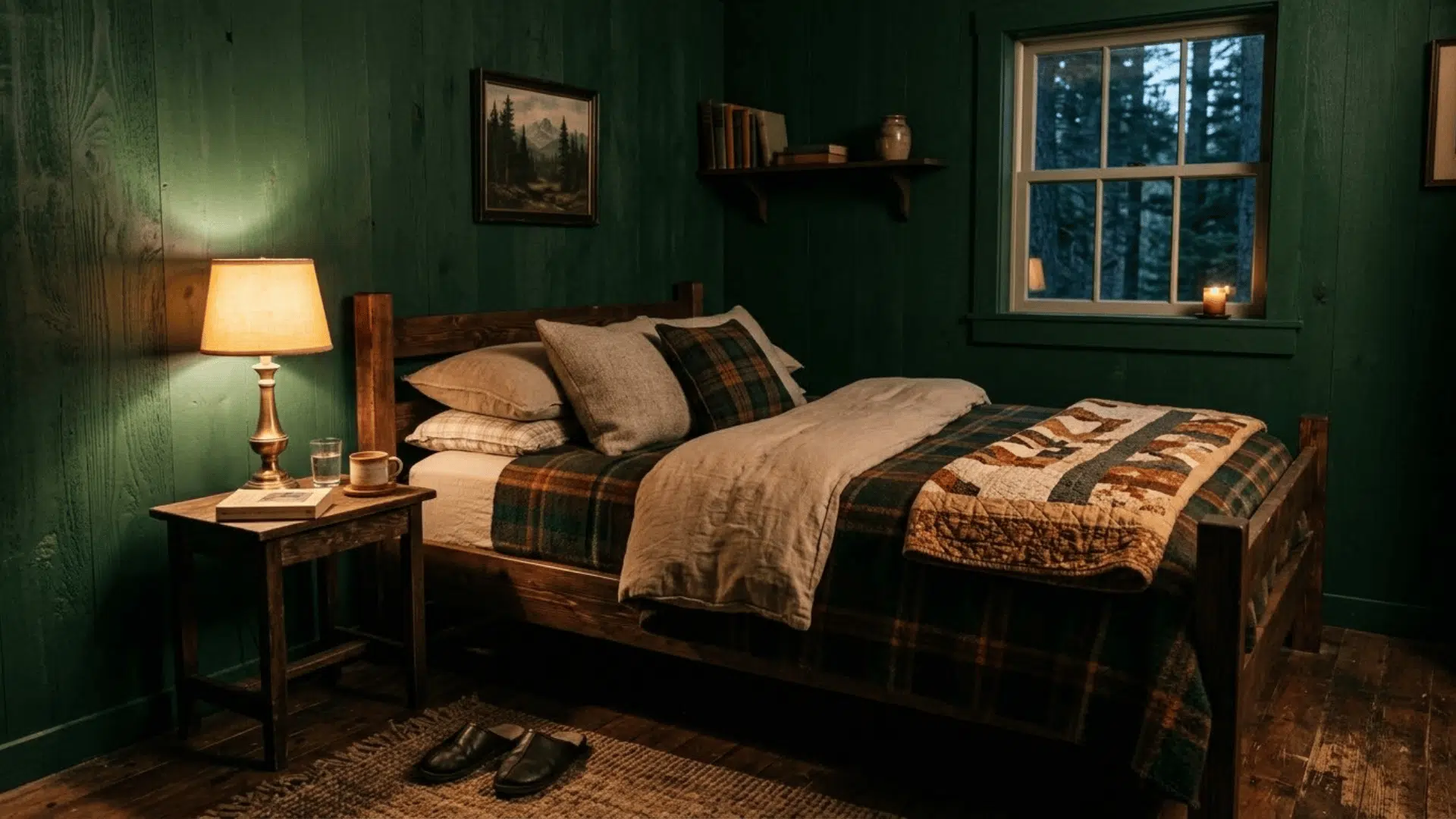 dark moody cabin bedroom with green walls dark wood furniture and warm vintage lighting