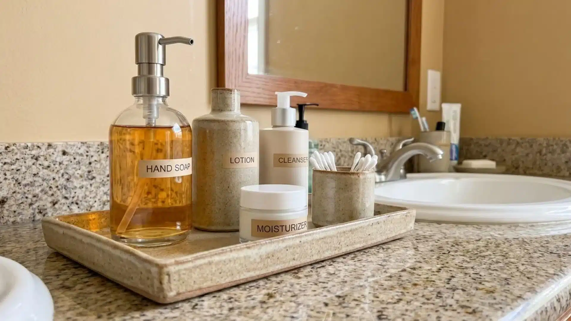 Decorative tray displaying neatly arranged unbranded skincare and bath products.