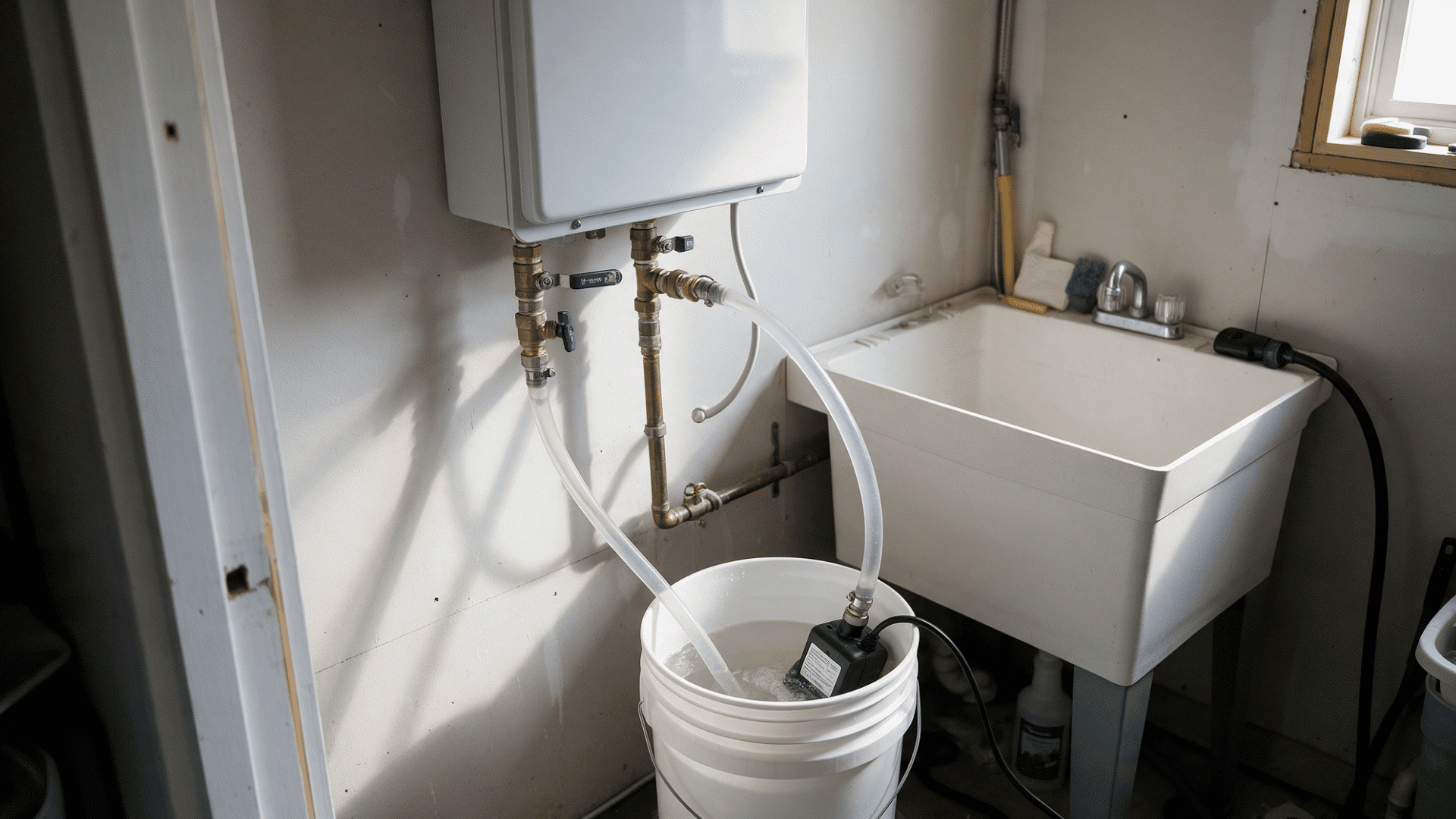 tankless water heater connected to flushing hoses and a bucket pump for heat exchanger descaling