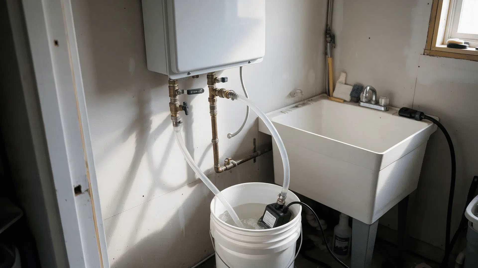 tankless water heater connected to flushing hoses and a bucket pump for heat exchanger descaling
