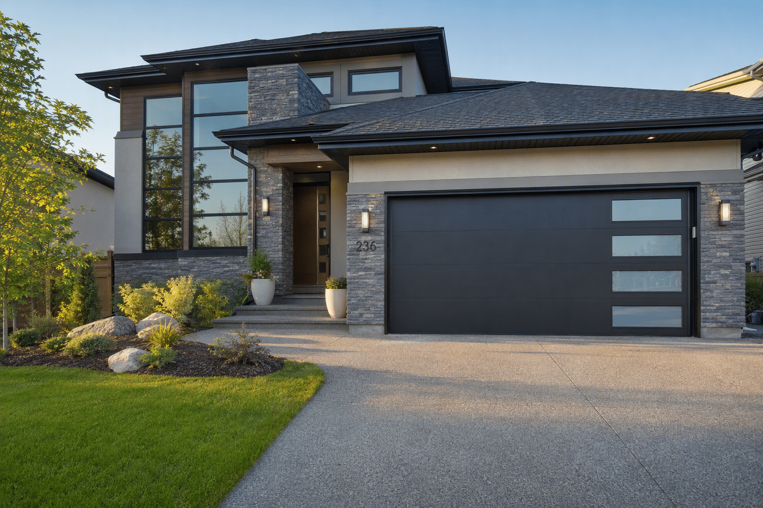 Modern two-story house with stone facade and attached garage in well-maintained suburban setting