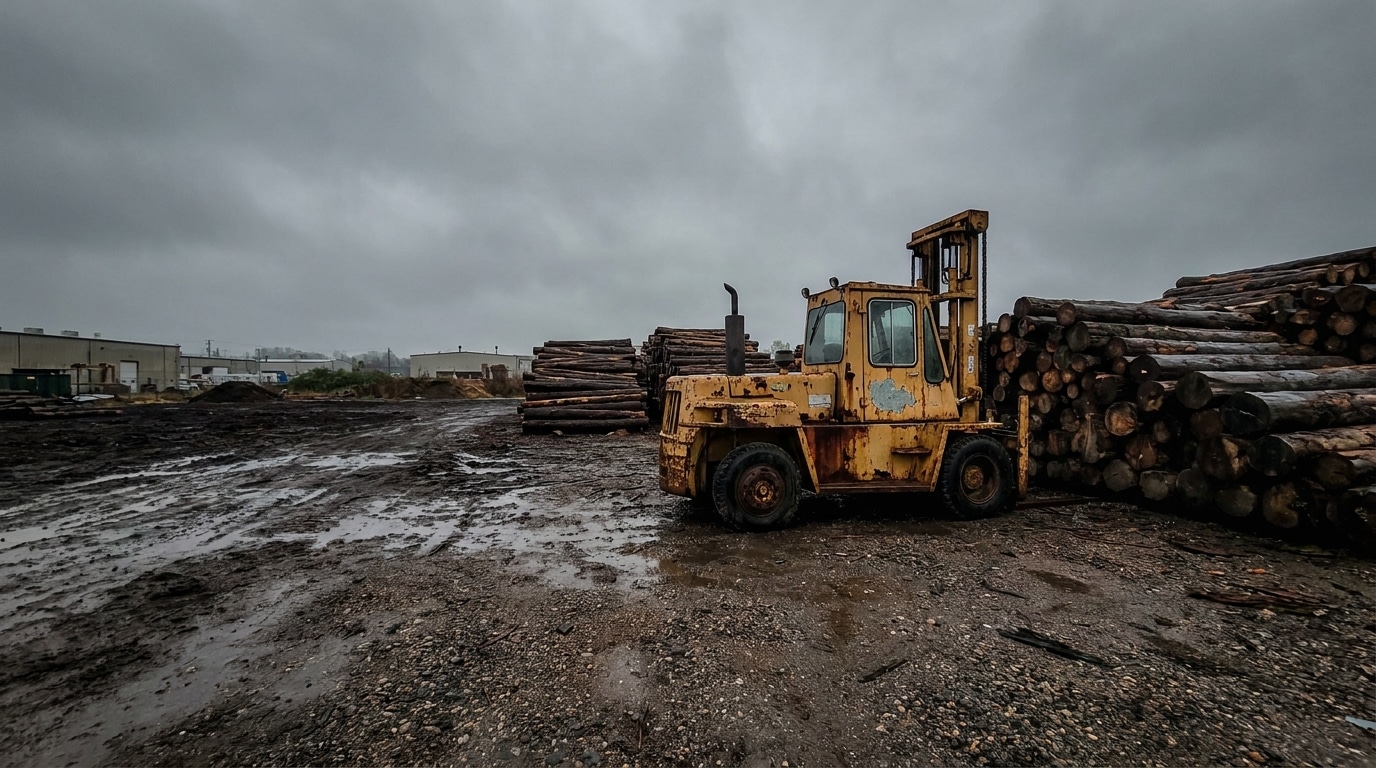 Industrial yard with yellow forklift next to stacked logs under overcast sky