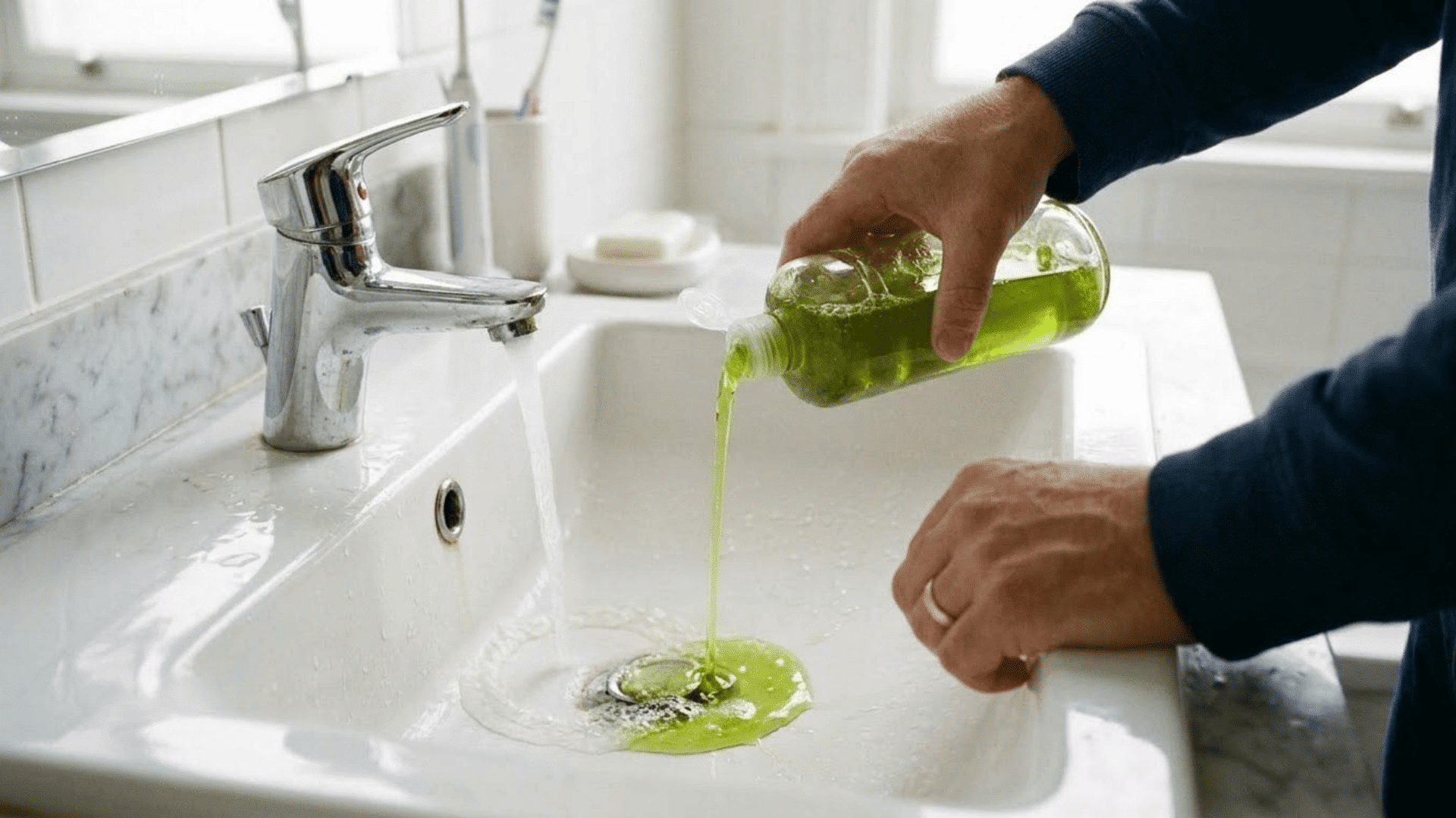 dish soap being squeezed into a bathroom sink drain to help loosen oily residue and buildup