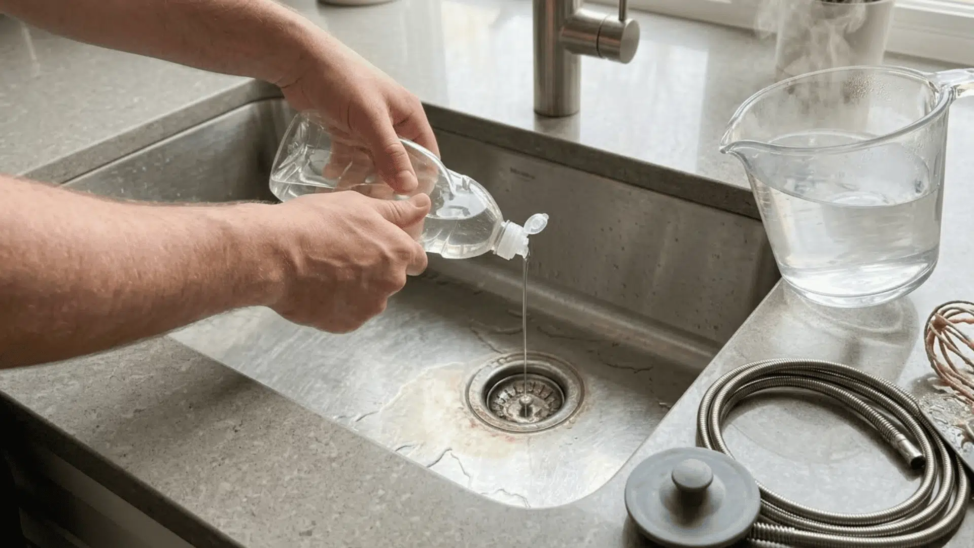 dish soap being added to a kitchen sink drain with hot water ready to help loosen greasy buildup