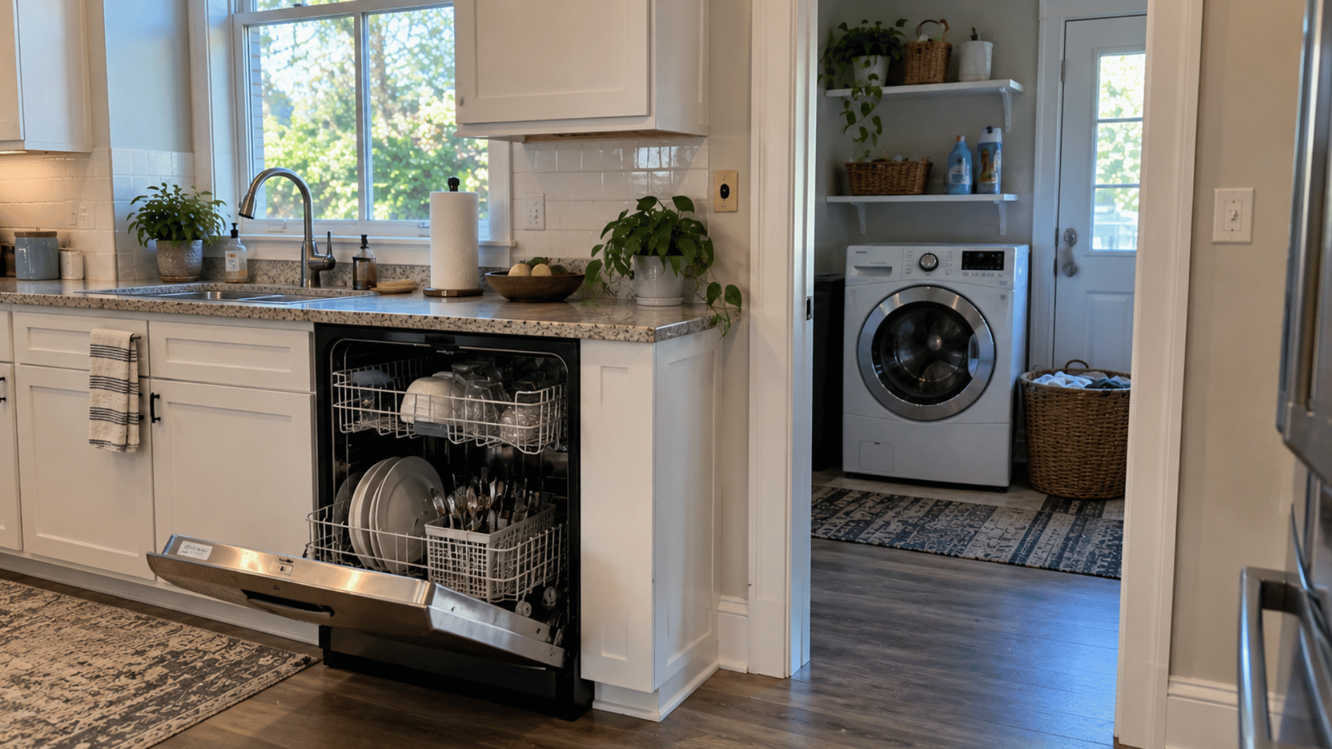 dishwasher and clothes washer inside a typical american home with natural daylight