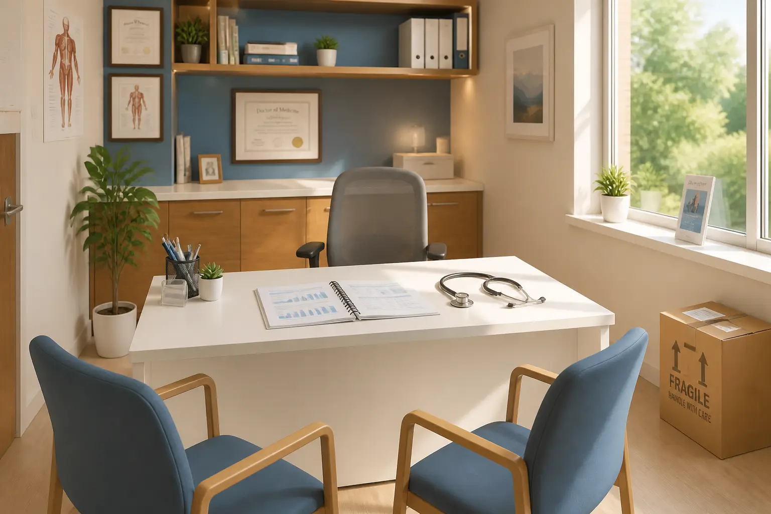 Doctor's office with organized desk, stethoscope, documents, blue chairs, and framed certificates on wall