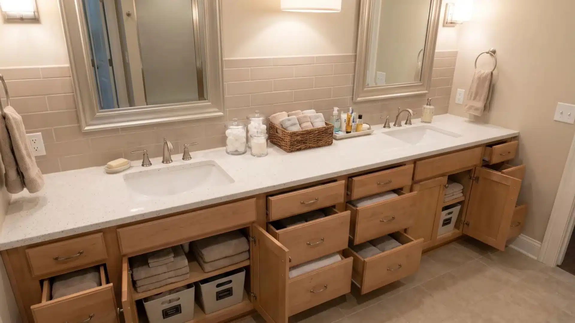 Spacious shared bathroom with a double vanity and dedicated storage.