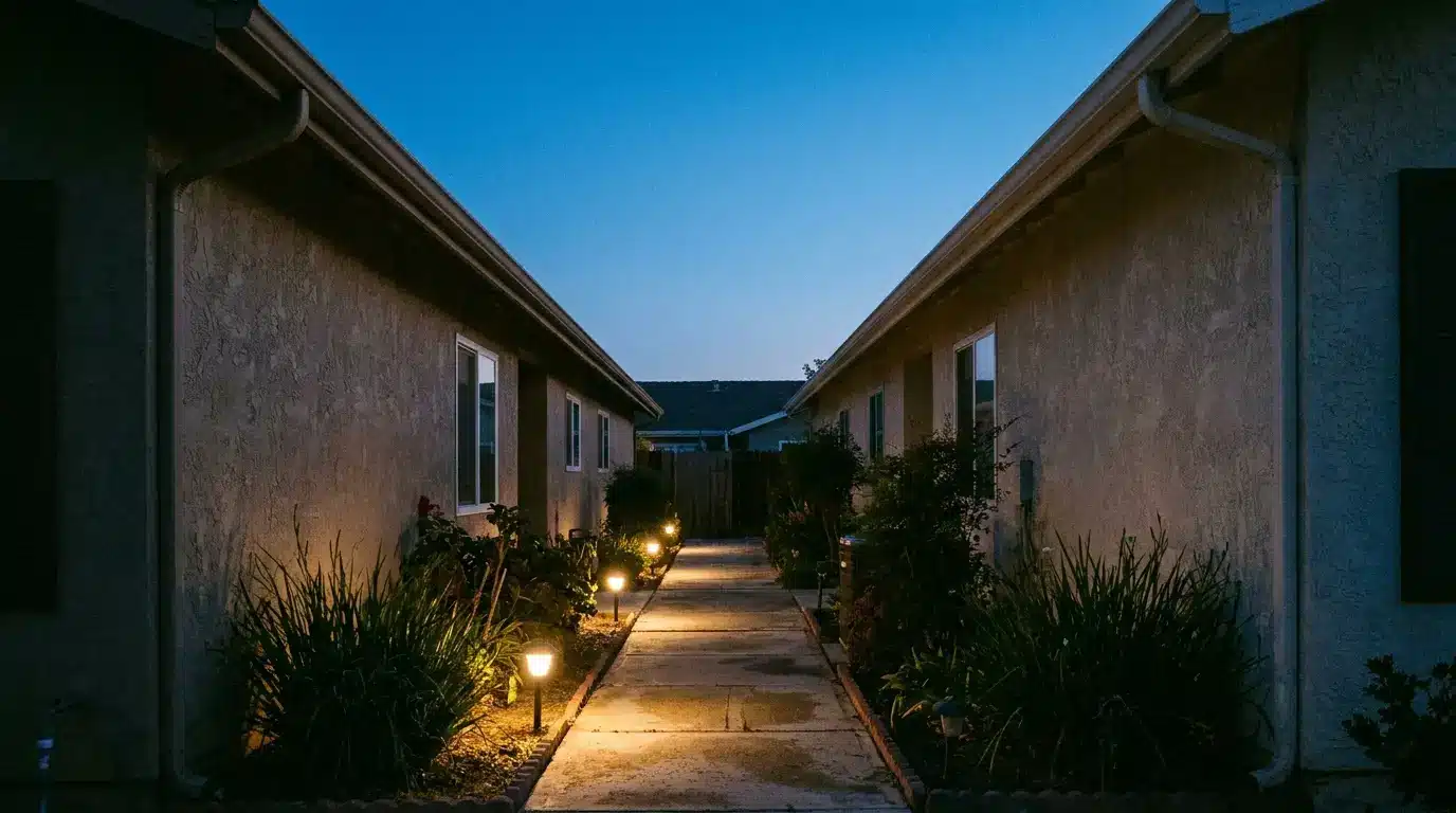 Pathway between two houses with outdoor lights and plants at dusk