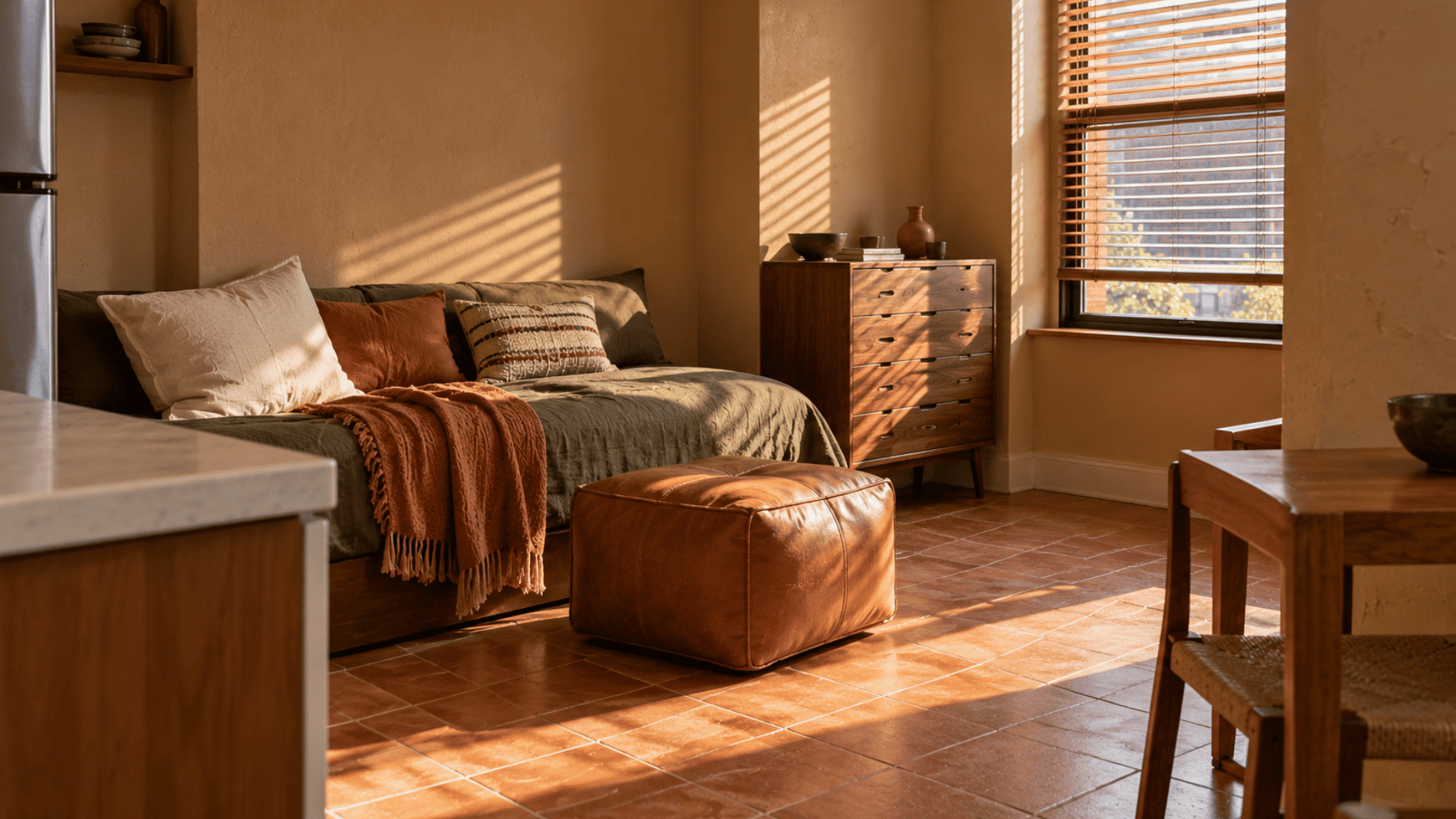 moss green rust camel and terracotta create an earthy palette in a small studio apartment