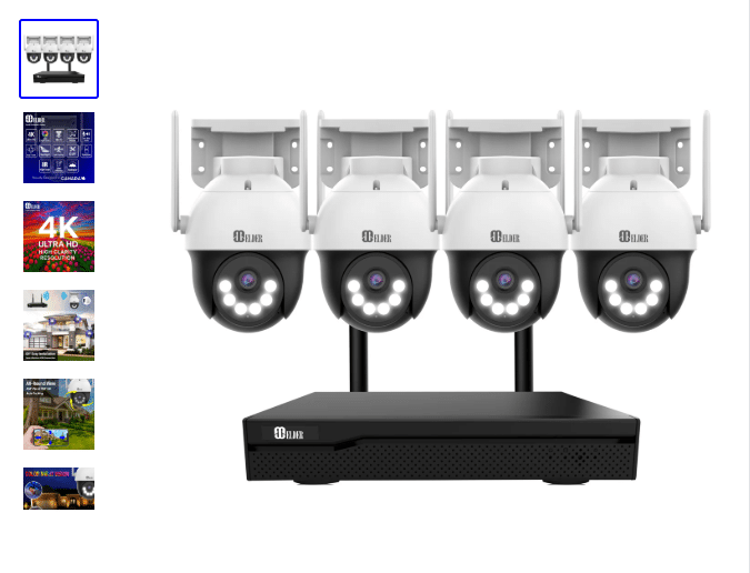 Security camera system with four dome cameras and black DVR on white background