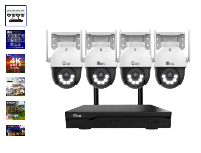 Security camera system with four dome cameras and black DVR on white background