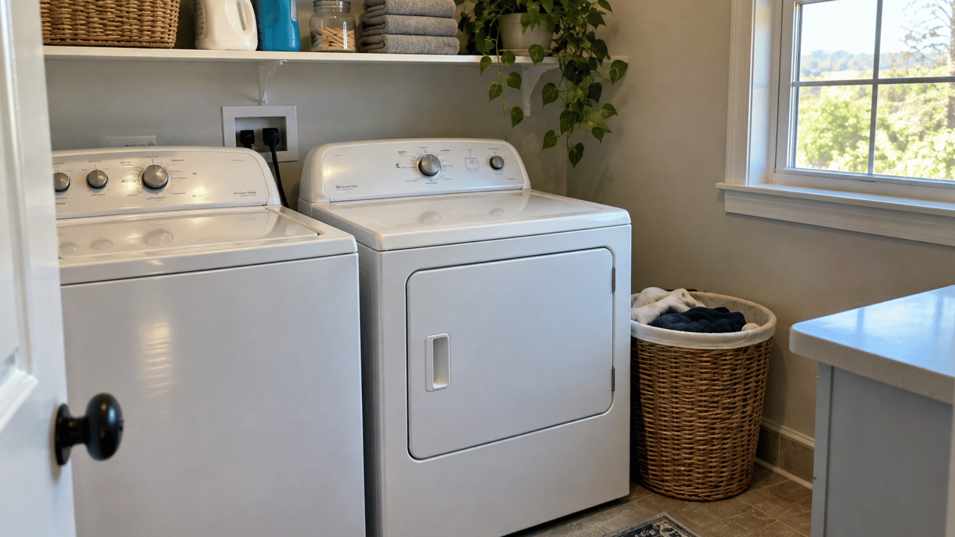 electric clothes dryer beside a washer in a small everyday american laundry room