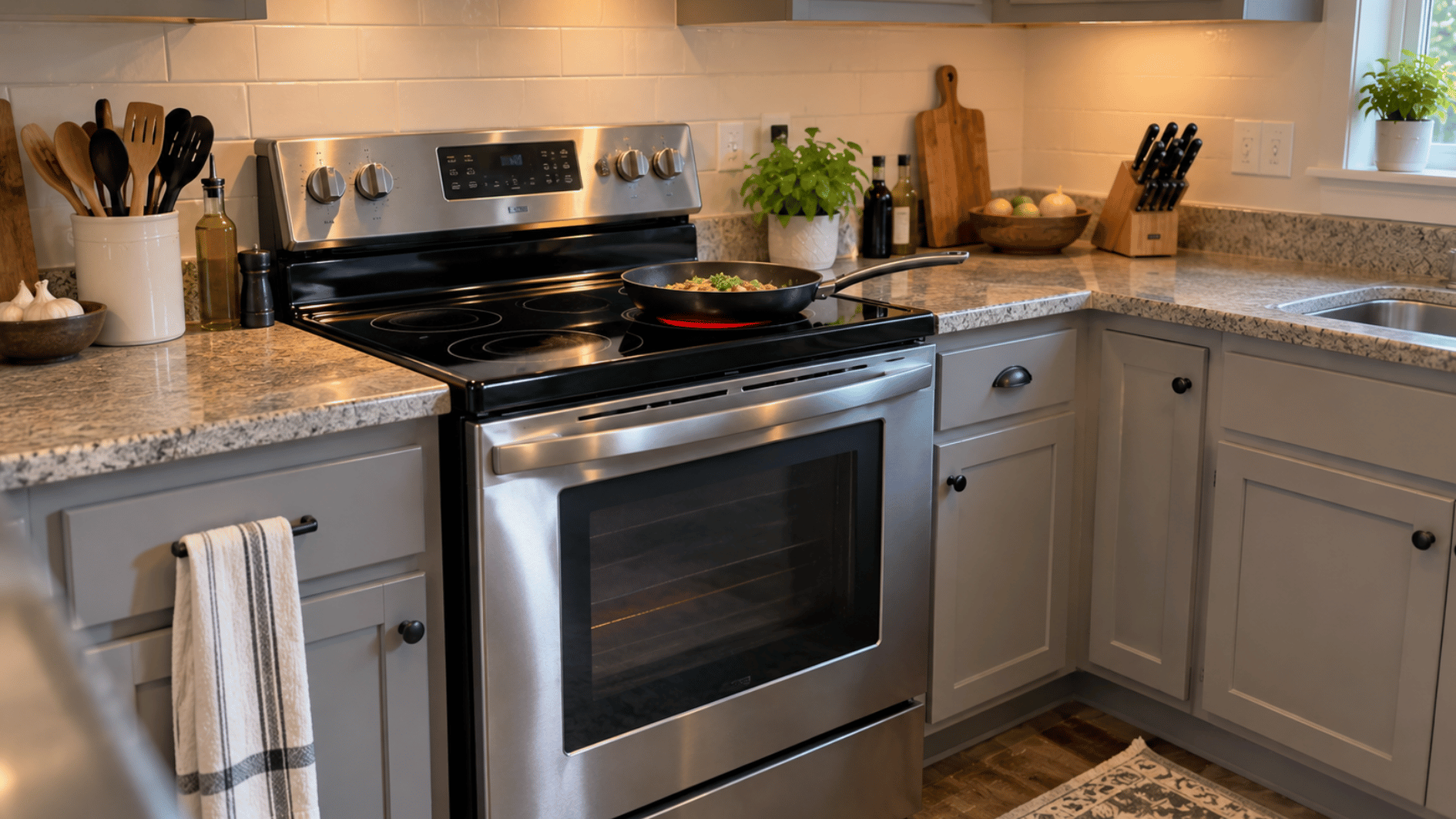 electric stove and oven in use inside a simple everyday american kitchen