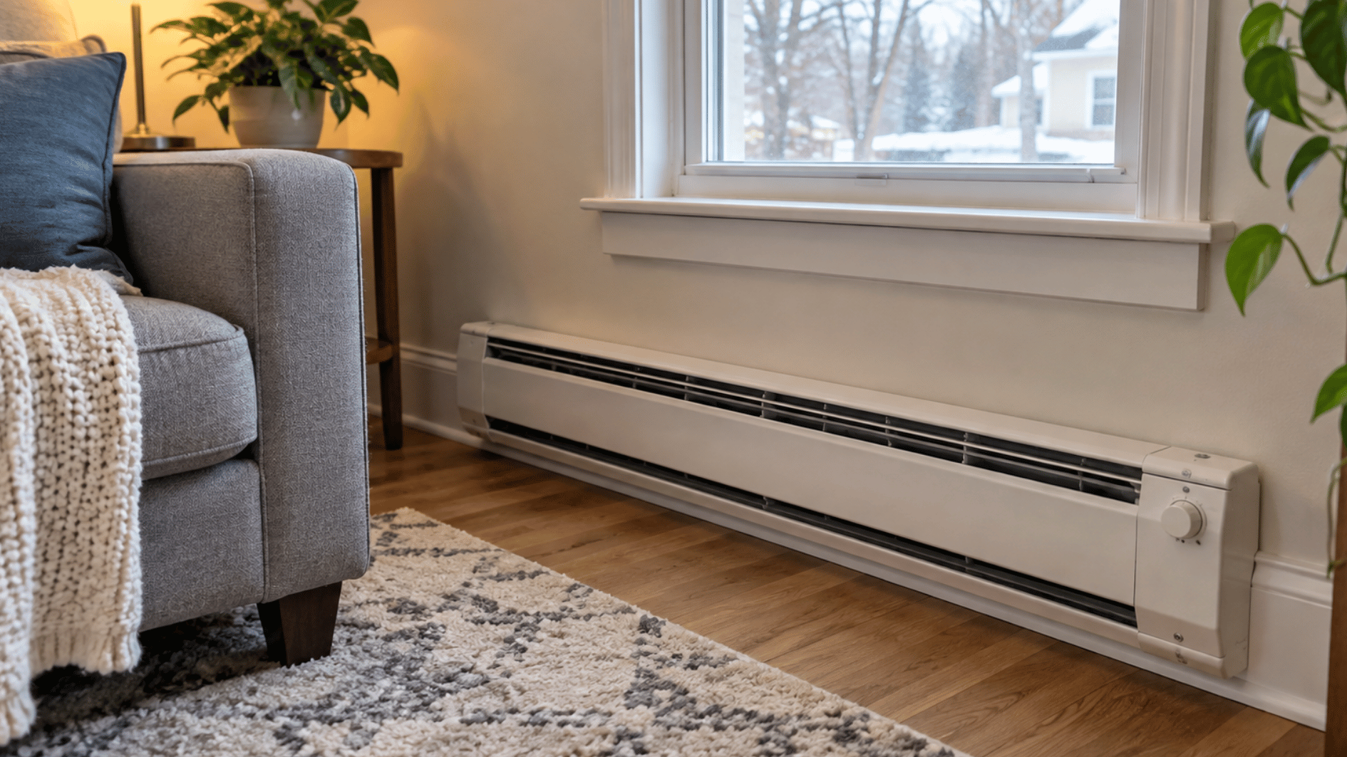 electric baseboard heater below a window in a warm american living room during winter