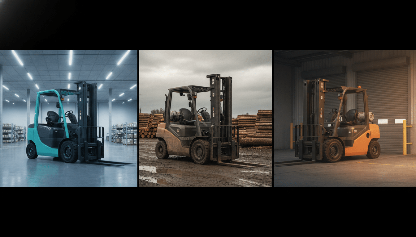 Three different forklifts in diverse settings: warehouse, lumberyard, and industrial space, showcasing various models and environments