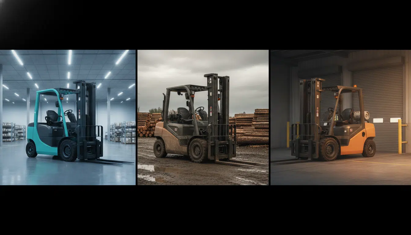 Three different forklifts in diverse settings: warehouse, lumberyard, and industrial space, showcasing various models and environments
